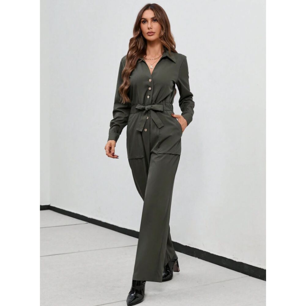 ZARA FLOWY JUMPSUIT WITH BELT KHAKI